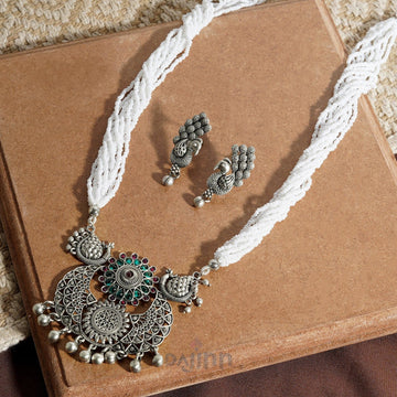 Dajinn Maukhari Silver Oxidised Ruby Green Necklace Set