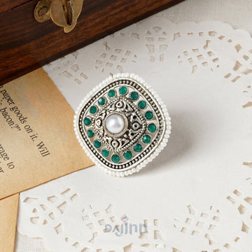 Dajinn Bhairadevi Silver Oxidised Green Ring