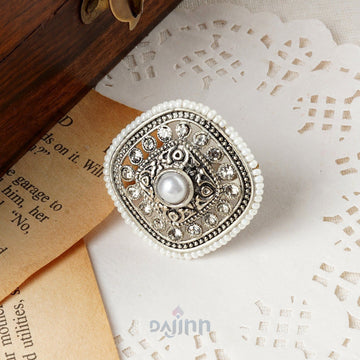 Dajinn Chimnabai Silver Oxidised White Ring