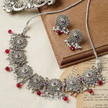 Dajinn Kashibai Silver Oxidised Necklace Set