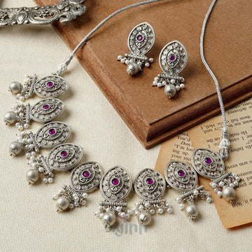 Dajinn Kishori Silver Oxidised Ruby Necklace Set