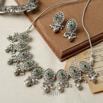 Dajinn Pratima Silver Oxidised Green Necklace Set