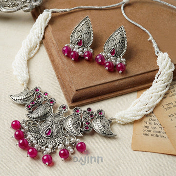 Dajinn Putalabai Silver Oxidised Ruby Necklace Set