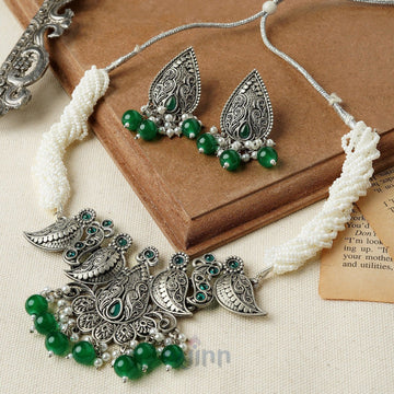 Dajinn Vasundhara Silver Oxidised Green Necklace Set