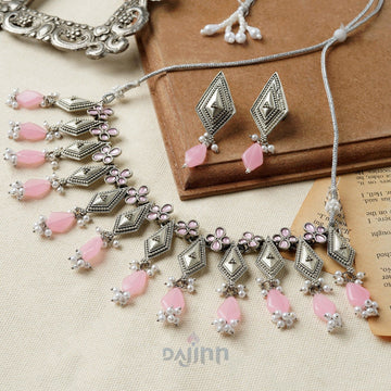 Dajinn Roopmati Silver Oxidised Pink Necklace Set