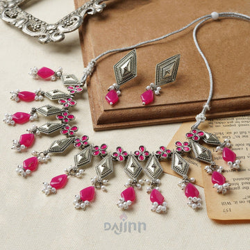 Dajinn Sakina Silver Oxidised Ruby Necklace Set