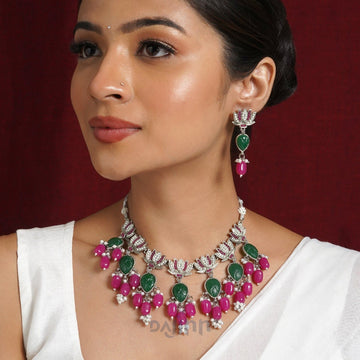 Dajinn Sadhani Silver Oxidised Pink And Green Necklace Set