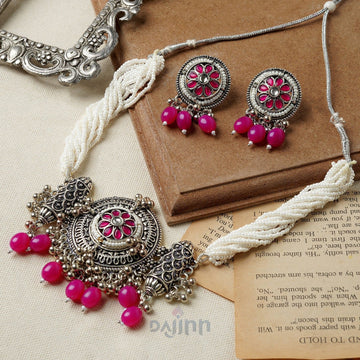 Dajinn Satyavati Silver Oxidised Ruby Necklace Set