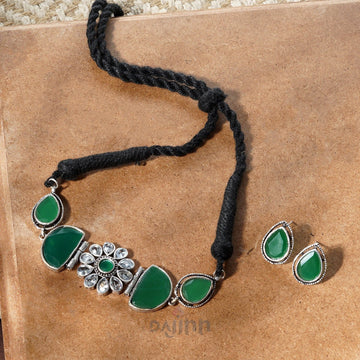 Dajinn Silver and Green Medow Necklace Set