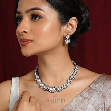 Dajinn Kanak Silver Oxidised Uncut Polki Set