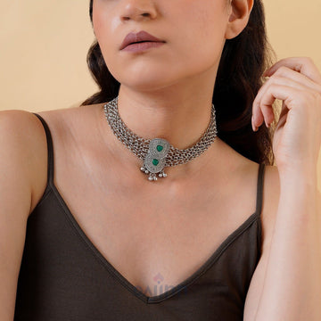 Dajinn Vaishnavi Silver Green Necklace