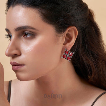 Dajinn Dhamini Red Silver Oxidised Earrings