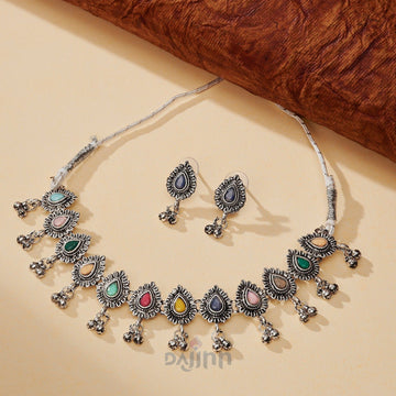 Dajinn Chogada Multicolored Silver Oxidised Necklace Set