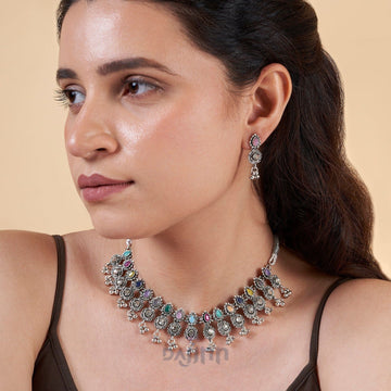 Dajinn Dholi Taro Dhol Baaje Multicolored Silver Oxidised Necklace Set