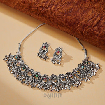 Dajinn Udi Udi Jaye Multicolored Silver Oxidised Necklace Set
