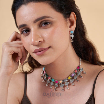 Dajinn Nagada Sang Dhol Multicolored Silver Oxidised Necklace Set