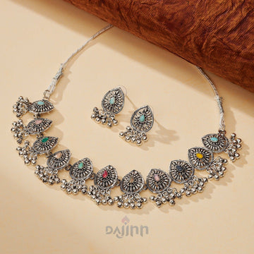 Dajinn Odhani Multicolored Silver Oxidised Necklace Set