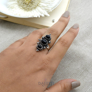 Veena Black Silver Oxidized Stone Ring