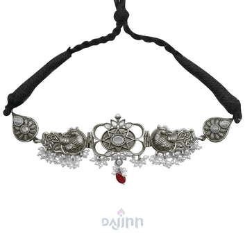 Dajinn Dancing Dual Peacock White Silver Oxidized Choker Necklace