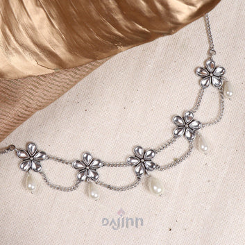 Dajinn Floweret Polki Silver Oxidized Pearl Choker Necklace