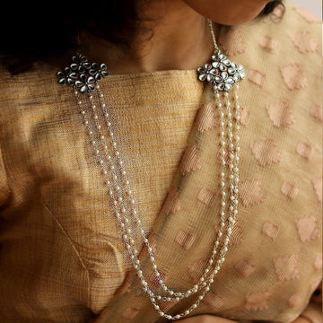 Dajinn Garland Layered Pearl Polki Silver Oxidized Long Necklace