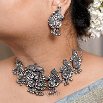 Dajinn Suhani Peacock Silver Oxidised Necklace Set