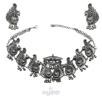 Dajinn Suhani Peacock Silver Oxidised Necklace Set