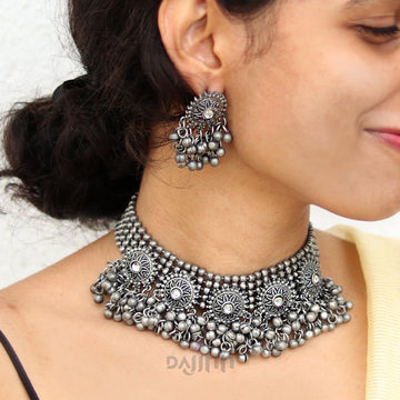 Dajinn Chhaya Silver Oxidised Necklace Set