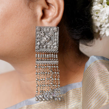 Dajinn Sneha Square Motif Silver Ghungroo Oxidised Earrings