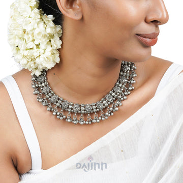 Dajinn Jiya Floral Silver Oxidised Ghungroo Necklace