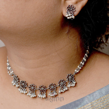 Dajinn Anjali Floral Pearl Silver Oxidised Jewelry Set