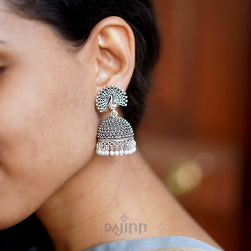 Dajinn Kalapi White Silver Oxidized Pearl Jhumki