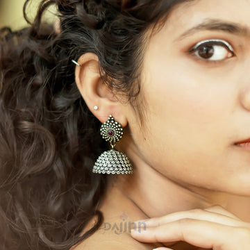 Dajinn Dharvi Red Stone Antique Silver Jhumki