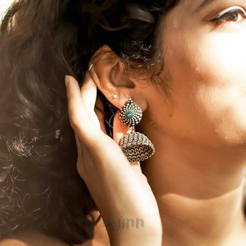 Dajinn Dharvi Green Stone Antique Silver Jhumki