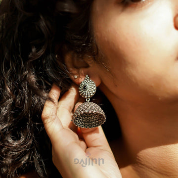 Dajinn Dharvi Black Stone Antique Silver Jhumki