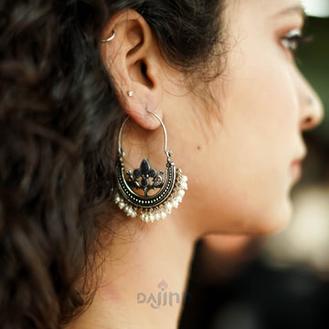 Dajinn Saara Floral Black Stone Hoop Earrings