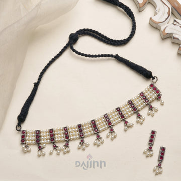Dajinn Shriya Silver Oxidised Pearl Choker Necklace Set