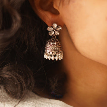 Dajinn Luminous Polki Silver Oxidised Pearl Jhumki Earrings