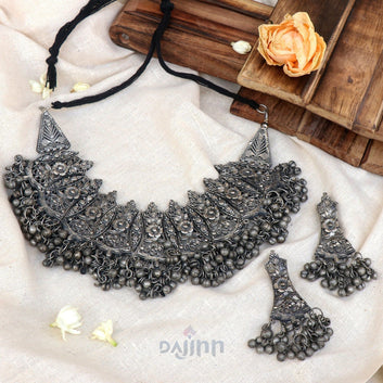 Dajinn Shreejal Antique Silver Oxidised Necklace Set