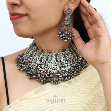Dajinn Shreejal Antique Silver Oxidised Necklace Set