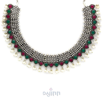 Symmetric Multi colored Silver Necklace Set