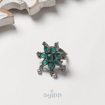 Dajinn Raishala Green Stone Silver Oxidised Ring
