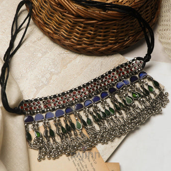 Dajinn Zaira Mulitcolored Silver Oxidised Choker Necklace