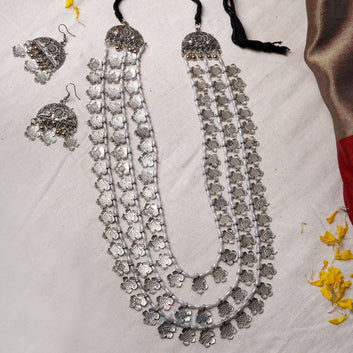 Dajinn Faiza Silver Oxidised Floral Long Necklace Set