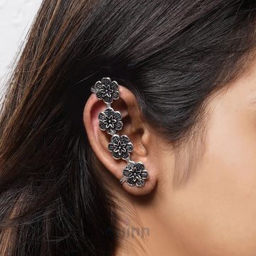 Dajinn Dipanshu Silver Oxidised Floral Earcuffs