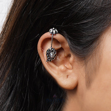 Dajinn  Mitali White  Stone Silver Oxidsed Clip On Bugadi