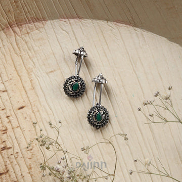 Dajinn  Nitara Green Stone Silver Oxidised Clip On Bugadi