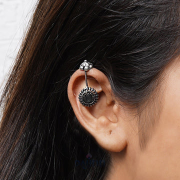 Dajinn  Nitara Black Stone Silver Oxidised Clip On Bugadi