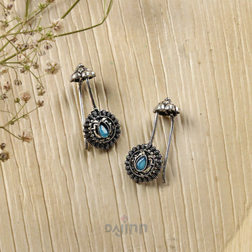 Dajinn  Nitara Light Blue Stone Silver Oxidised Clip On Bugadi