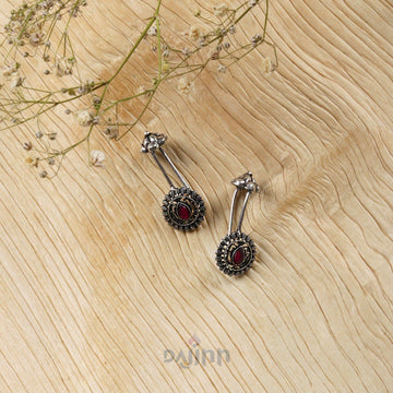 Dajinn  Nitara Red Stone Silver Oxidised Clip On Bugadi